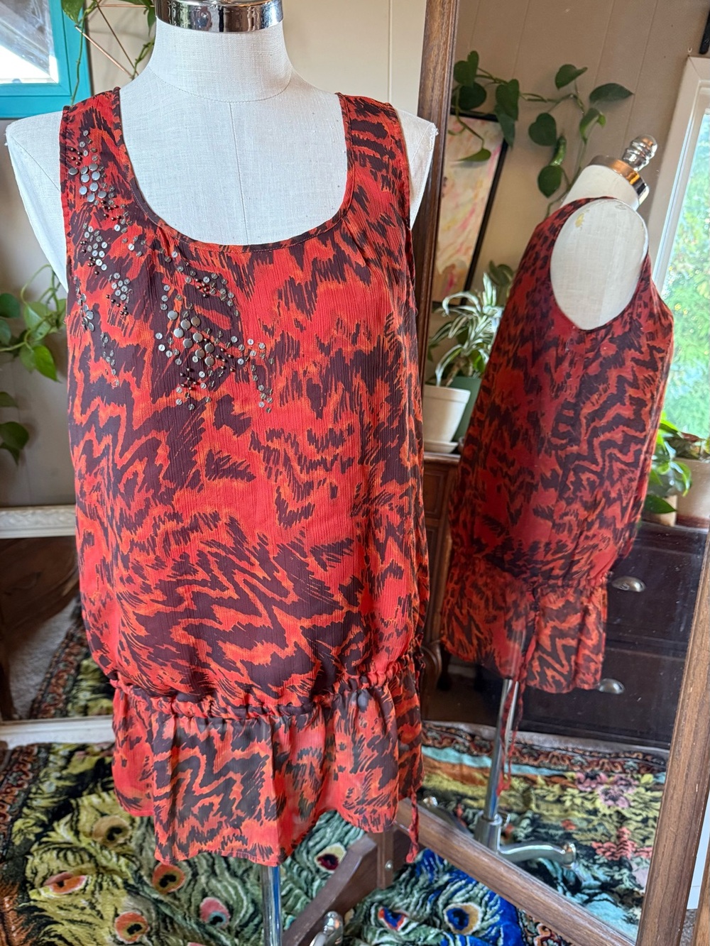 Apt 9 Burnt Orange Animal-Print Sleeveless Top, silver beaded detail, Large